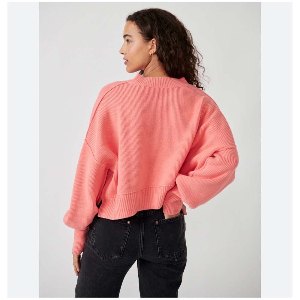 Free‎ People Ottoman Slouchy Tunic Coral Pink Ribbed Knit Cropped Sweater Small